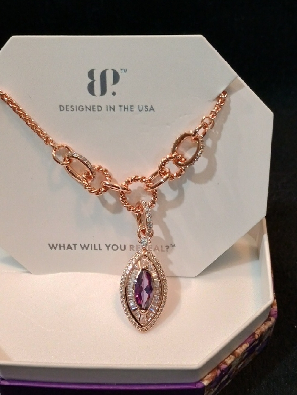 bp Rose Gold Necklace with Purple Marquise Pendant
